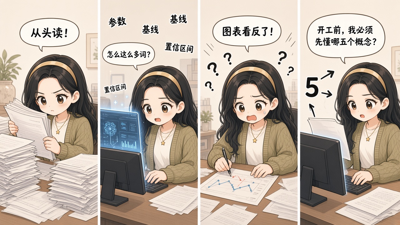 Alice 阅读长报告翻车四格漫画：从头硬啃、术语过载、误读图表，再到先问五个前置概念
