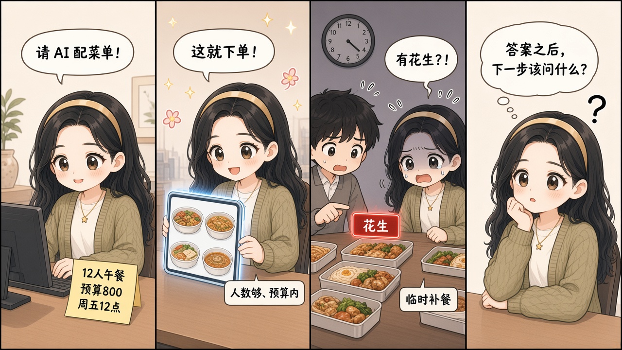Alice 订团队午餐翻车四格漫画：AI 配好菜单，下单后才发现花生过敏，最后追问答案之后下一步该问什么