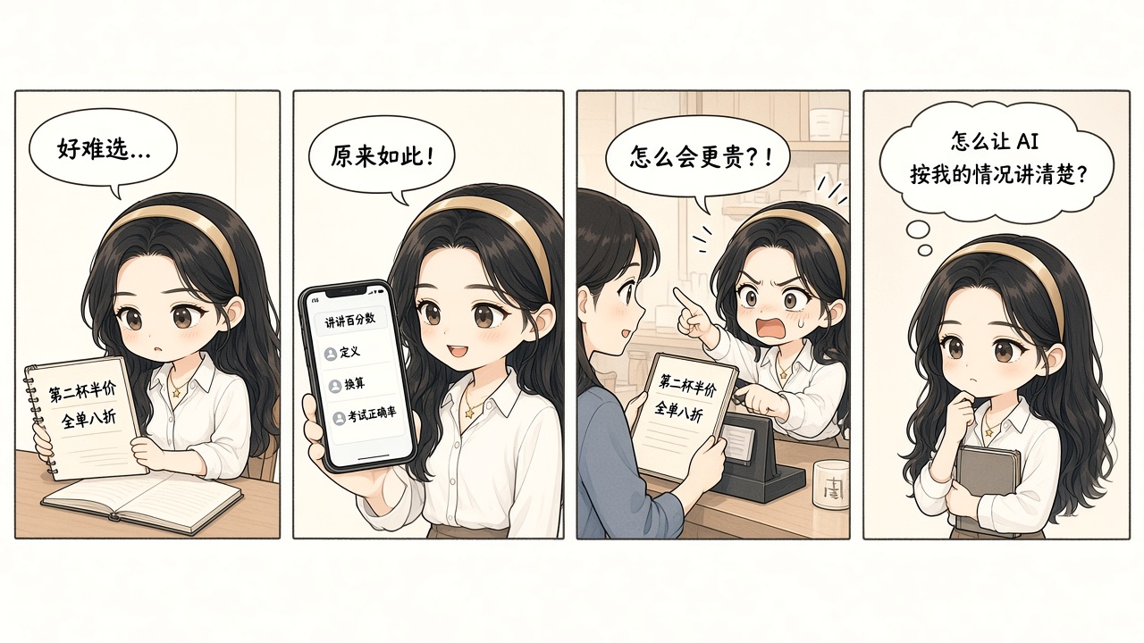 Alice 学百分数后应用翻车,并思考如何让 AI 按自己的情况讲清楚的四格漫画
