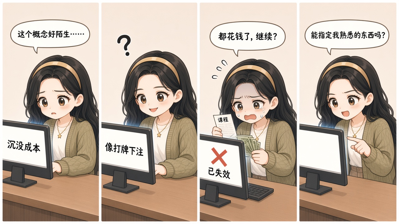 Alice 学习沉没成本的四格漫画：陌生概念、陌生类比、应用错误、主动追问