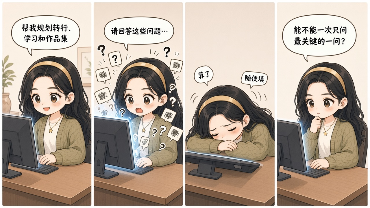 Alice 面对 AI 连续追问而放弃，最后要求一次只问最关键一问的四格漫画
