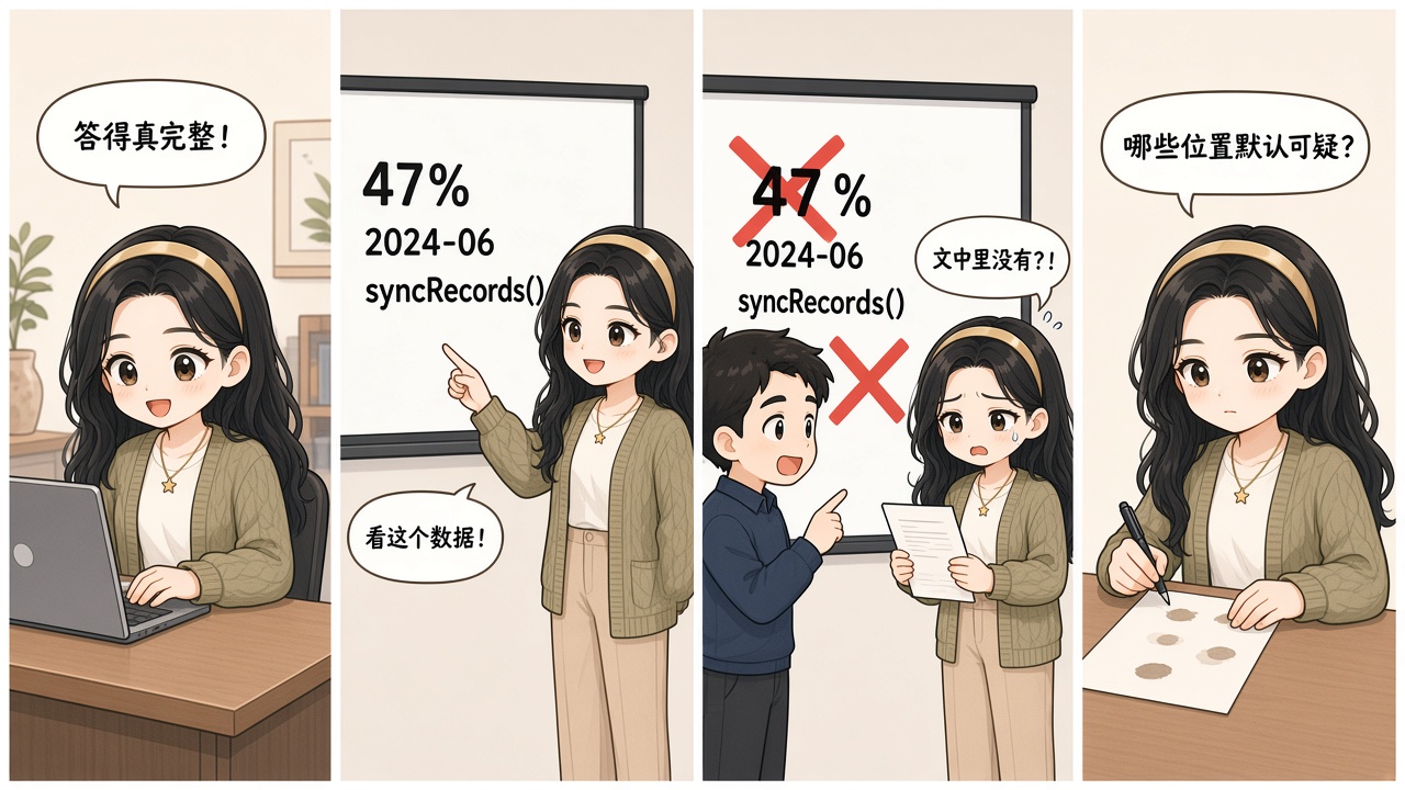 Alice 照搬流畅的 AI 答案后现场核对翻车的四格漫画