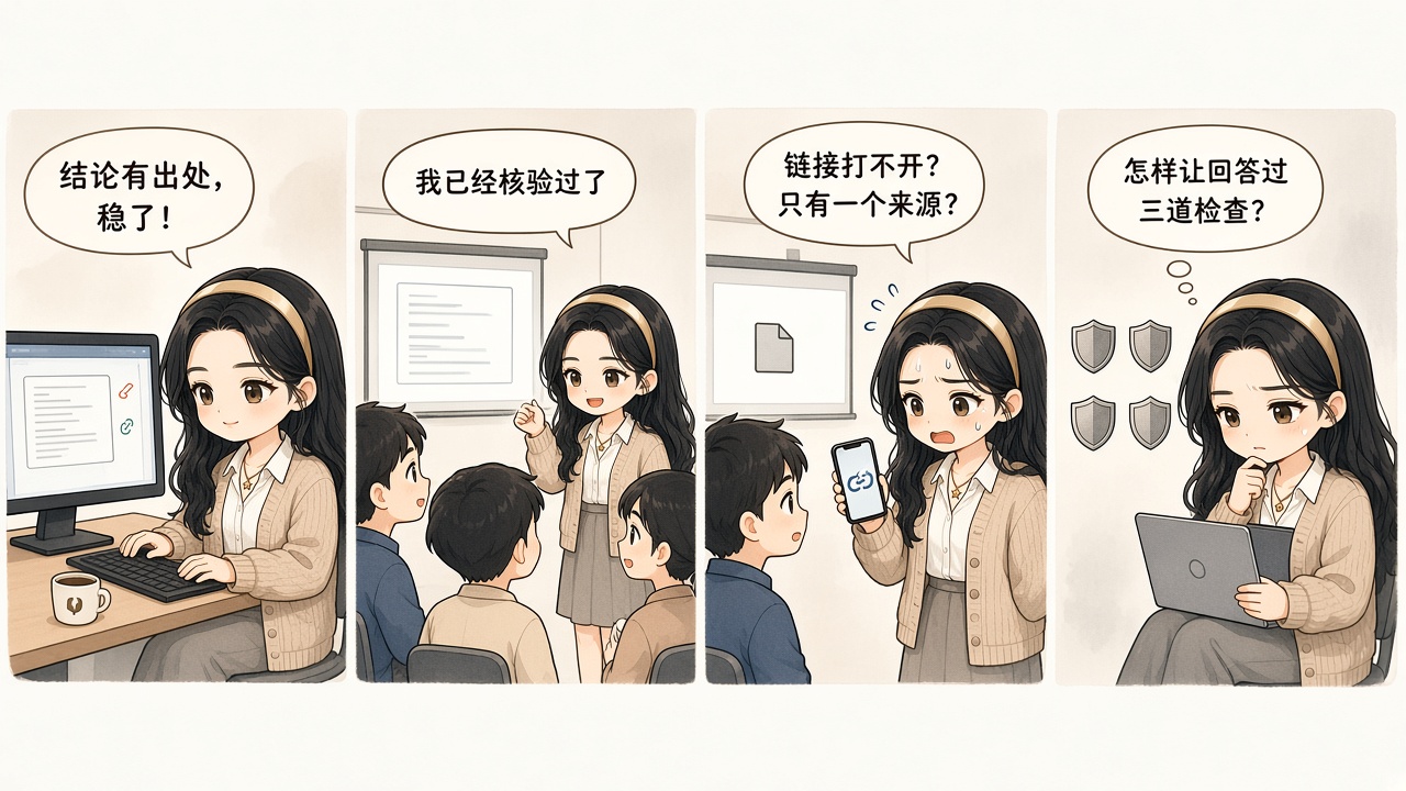 Alice 把有出处感的 AI 结论直接拿去汇报，因链接打不开且只有单一来源而翻车的四格漫画