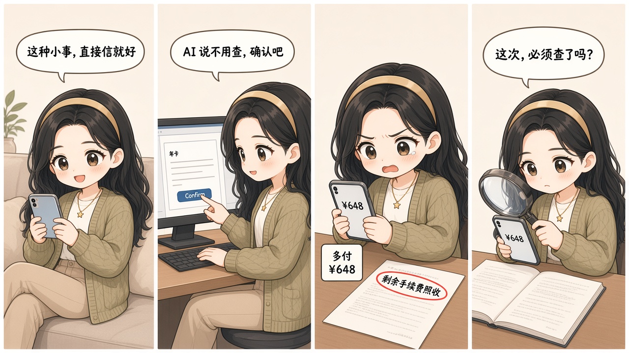 Alice 从习惯直接相信 AI 到因分期规则多付 648 元，最后决定核对原文的四格漫画