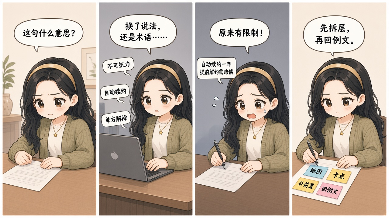 Alice 读合同条款翻车后按四层重新拆解的横排四格漫画