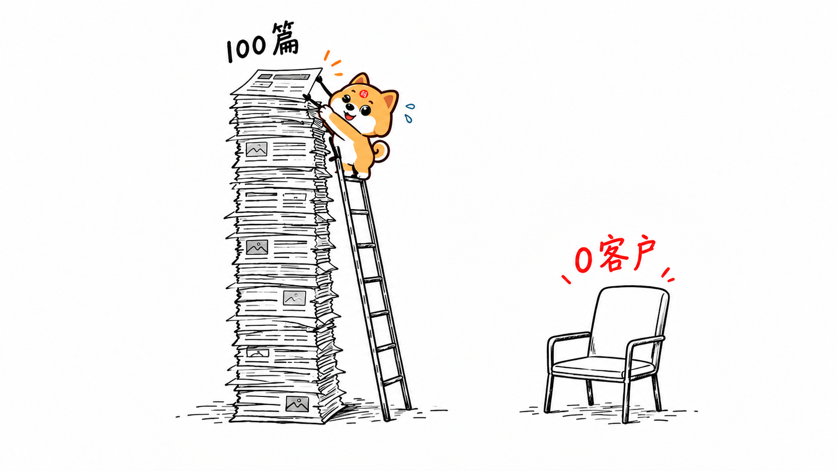 小狗在文章纸堆旁爬梯,右侧为空客户座位