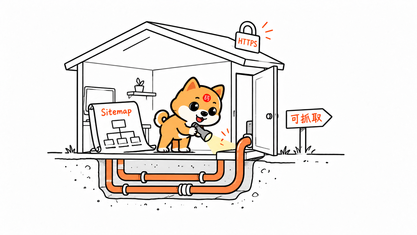 小狗检查网站小屋的管线,门外可抓取,旁边有 Sitemap 和 HTTPS 标志